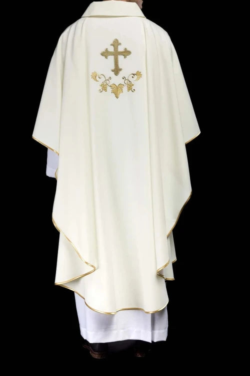 Ecru Chasuble with embroidered cross and wide collar — vestment detail