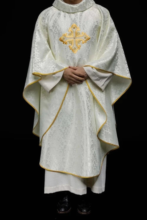 Ecru Chasuble with embroidered cross on patterned fabric — full view