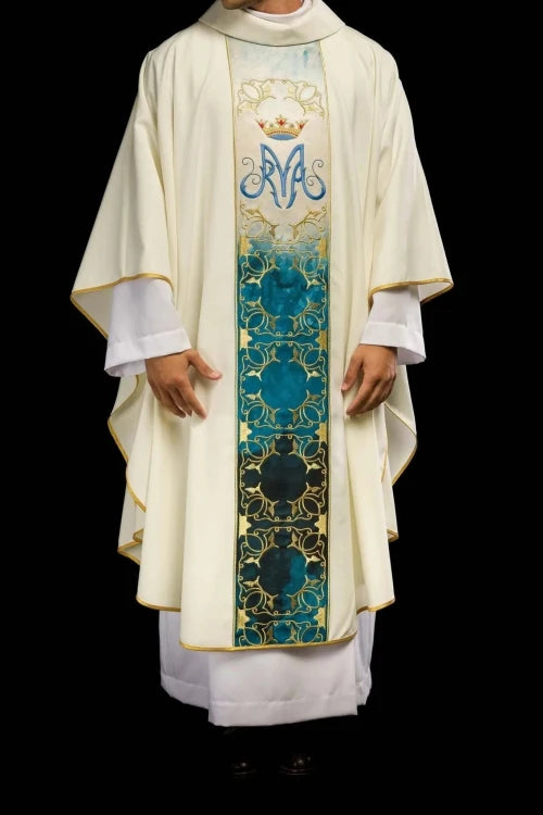 Ecru Chasuble with decorative embroidered band — front view