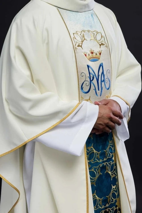 Ecru Chasuble with decorative embroidered band — full view