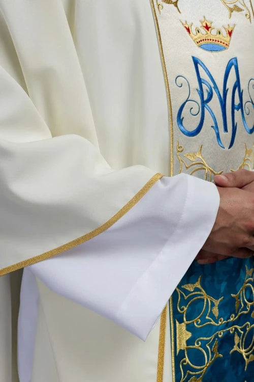 Ecru Chasuble with decorative embroidered band — back view