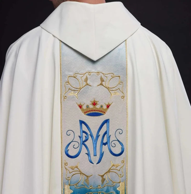 Ecru Chasuble with decorative embroidered band — side view