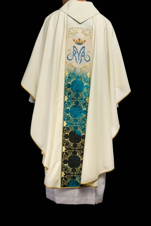 Ecru Chasuble with decorative embroidered band — collar detail