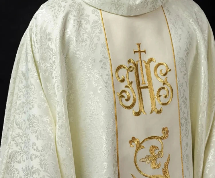 Ecru Chasuble with embroidered band with IHS monogram — front view