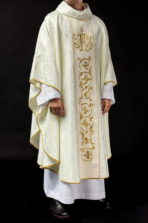 Ecru Chasuble with embroidered band with IHS monogram — full view