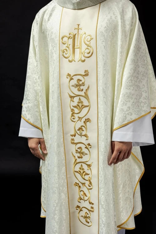 Ecru Chasuble with embroidered band with IHS monogram — decoration detail