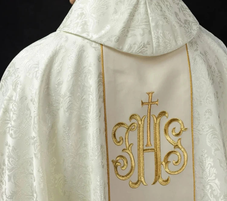 Ecru Chasuble with embroidered band with IHS monogram — side view