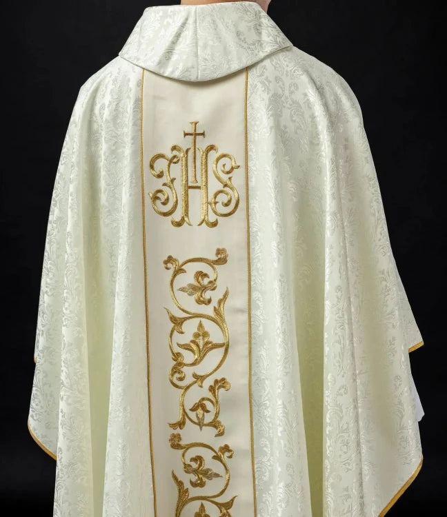 Ecru Chasuble with embroidered band with IHS monogram — collar detail
