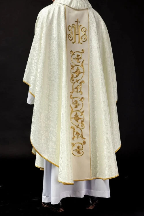 Ecru Chasuble with embroidered band with IHS monogram — fabric detail