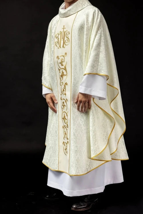 Ecru Chasuble with embroidered band with IHS monogram — vestment detail