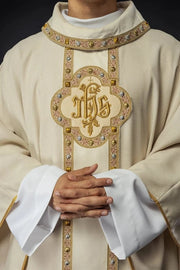 Ecru Chasuble with embroidered band with IHS monogram – Variant II — front view