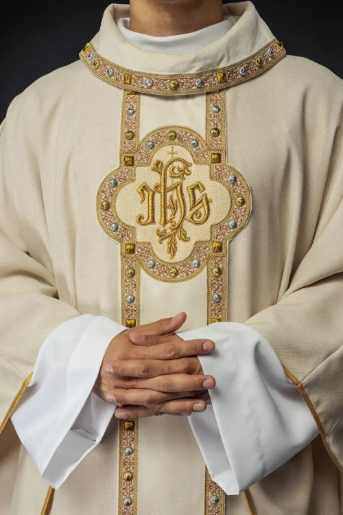 Ecru Chasuble with embroidered band with IHS monogram – Variant II — front view