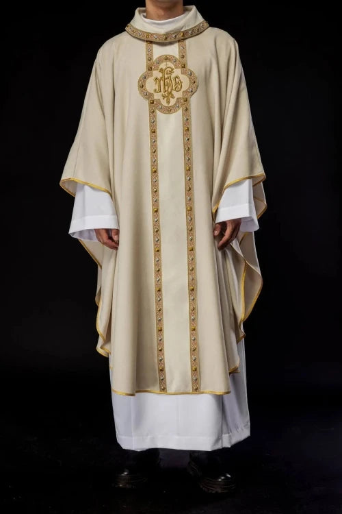 Ecru Chasuble with embroidered band with IHS monogram – Variant II — full view