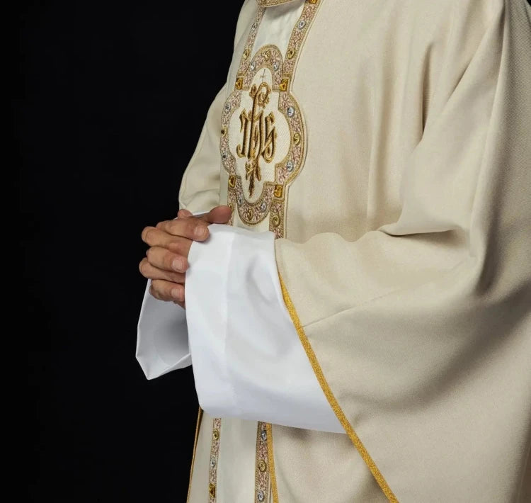 Ecru Chasuble with embroidered band with IHS monogram – Variant II — back view