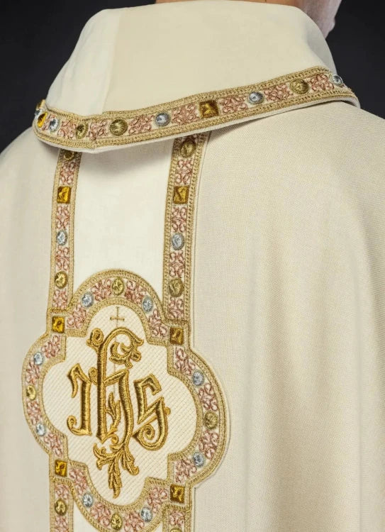 Ecru Chasuble with embroidered band with IHS monogram – Variant II — side view