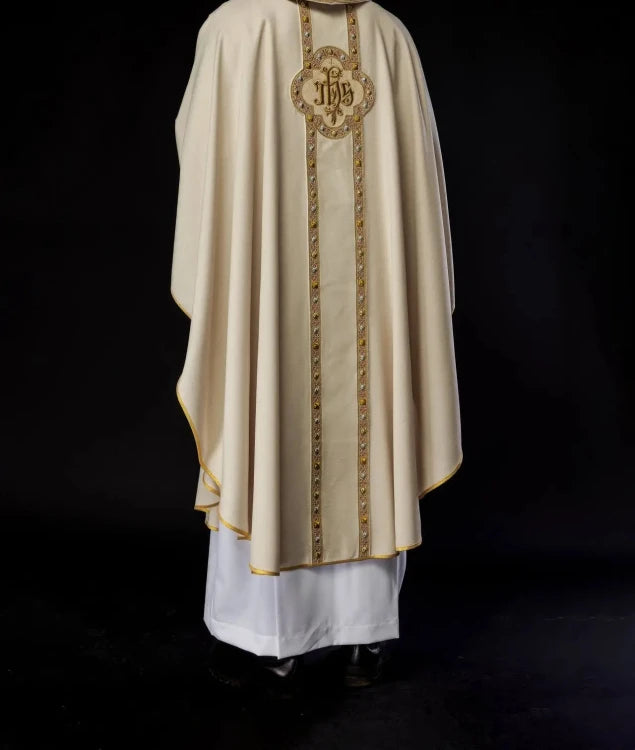 Ecru Chasuble with embroidered band with IHS monogram – Variant II — collar detail