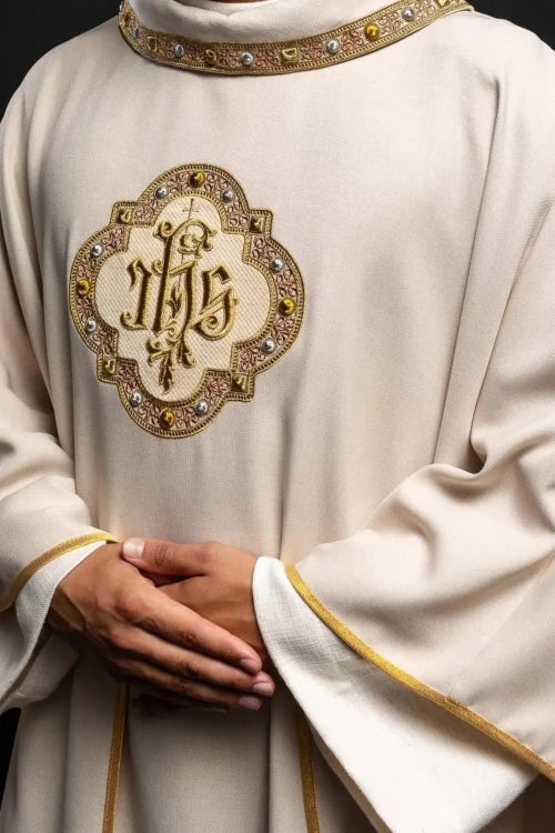Ecru Chasuble with embroidered band with IHS monogram – Variant III — front view