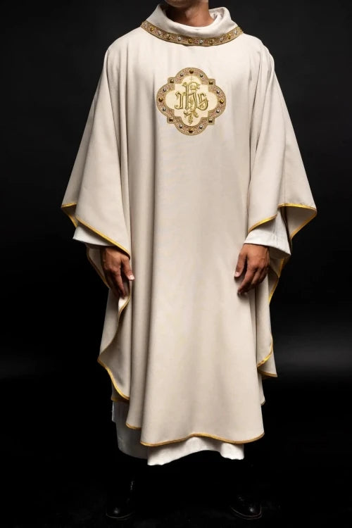 Ecru Chasuble with embroidered band with IHS monogram – Variant III — full view