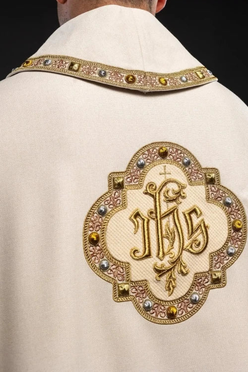 Ecru Chasuble with embroidered band with IHS monogram – Variant III — back view