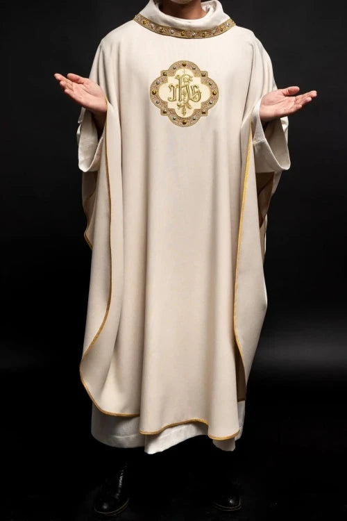 Ecru Chasuble with embroidered band with IHS monogram – Variant III — side view