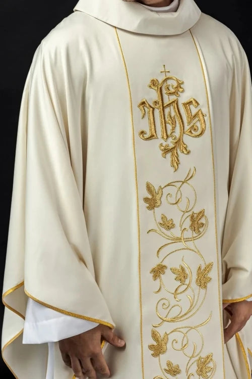 Ecru Chasuble with IHS and floral embroidery — front view