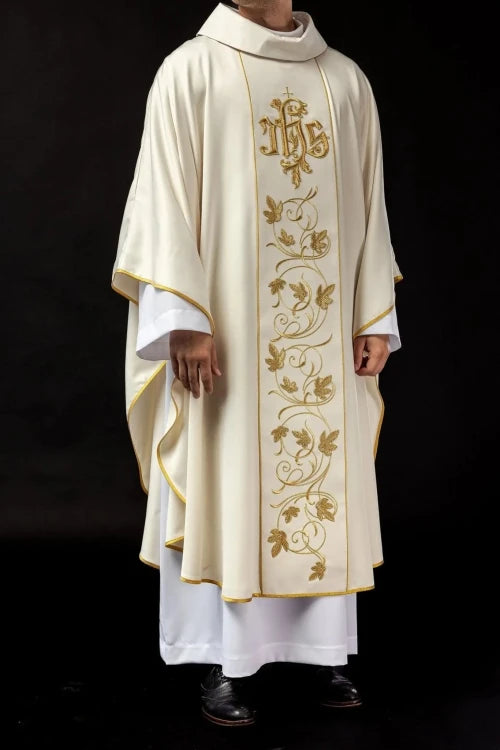 Ecru Chasuble with IHS and floral embroidery — full view