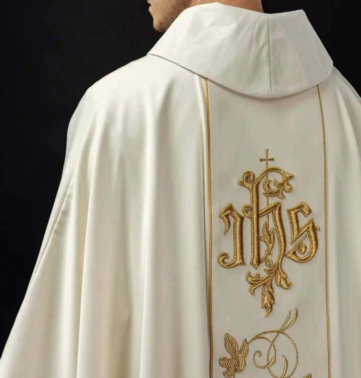 Ecru Chasuble with IHS and floral embroidery — close-up detail
