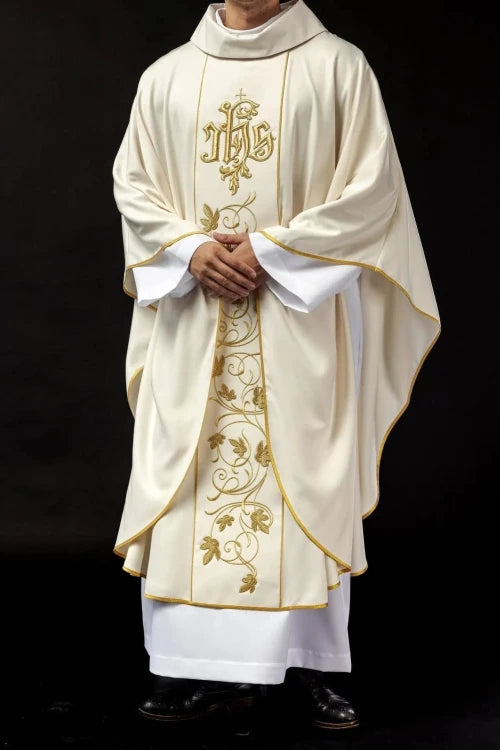 Ecru Chasuble with IHS and floral embroidery — collar detail