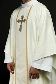 Ecru Chasuble with embroidered band with cross motif — front view