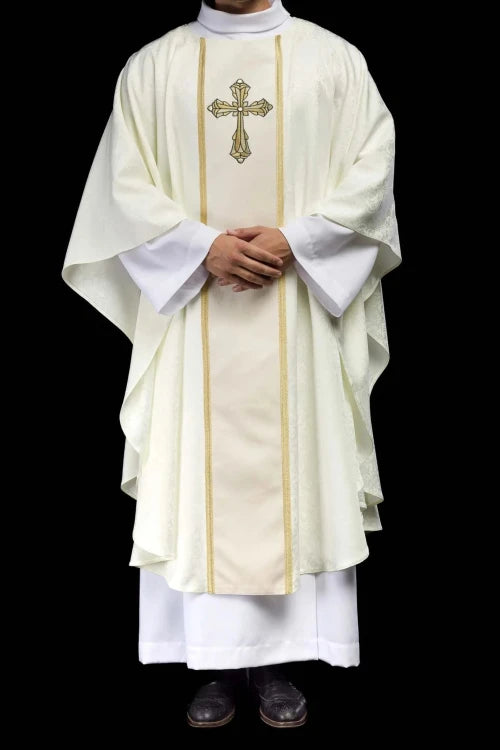 Ecru Chasuble with embroidered band with cross motif — full view