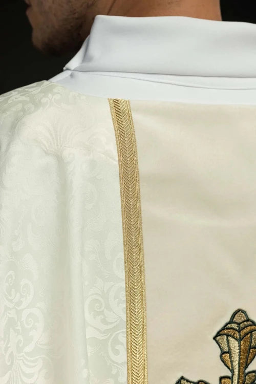 Ecru Chasuble with embroidered band with cross motif — side view