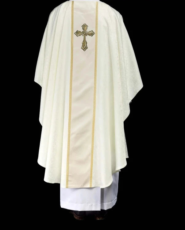 Ecru Chasuble with embroidered band with cross motif — fabric detail