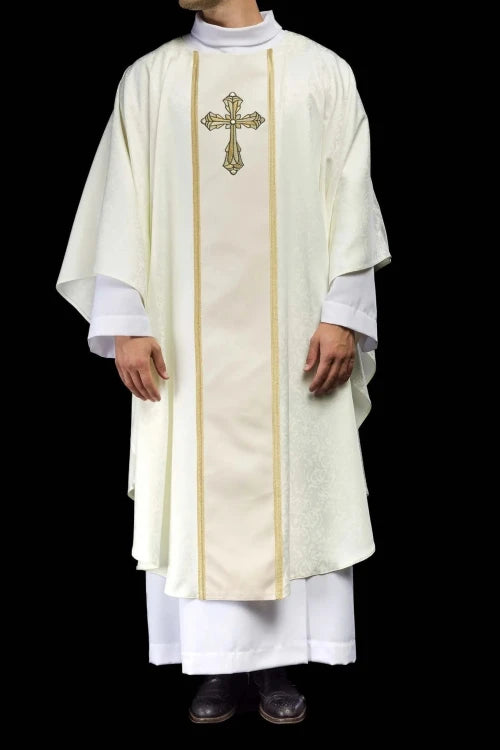 Ecru Chasuble with embroidered band with cross motif — vestment detail