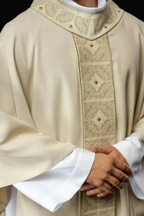 Ecru Chasuble with embroidered band with cross motif – Variant III — front view