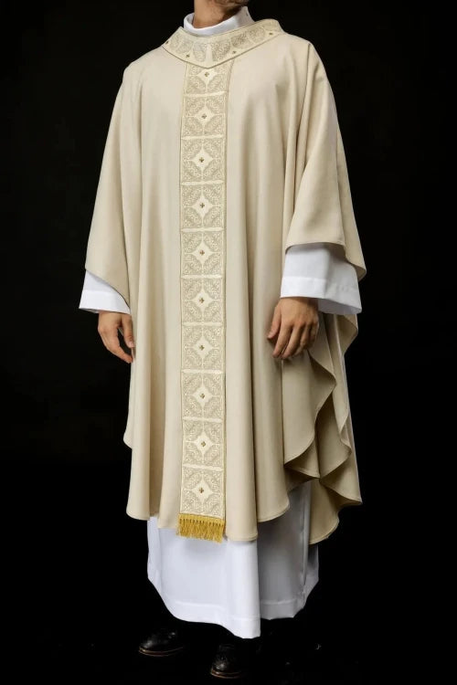 Ecru Chasuble with embroidered band with cross motif – Variant III — full view