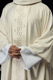 Ecru Chasuble with embroidered band with cross motif – Variant IV — front view