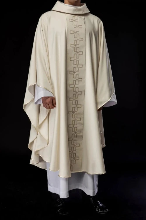Ecru Chasuble with embroidered band with cross motif – Variant IV — full view