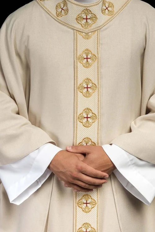 Ecru Chasuble with embroidered band with cross motif – Variant V — front view