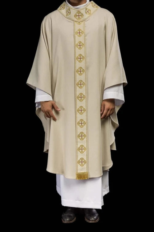 Ecru Chasuble with embroidered band with cross motif – Variant V — full view