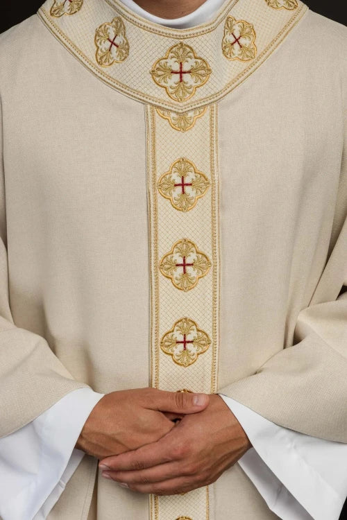 Ecru Chasuble with embroidered band with cross motif – Variant V — decoration detail