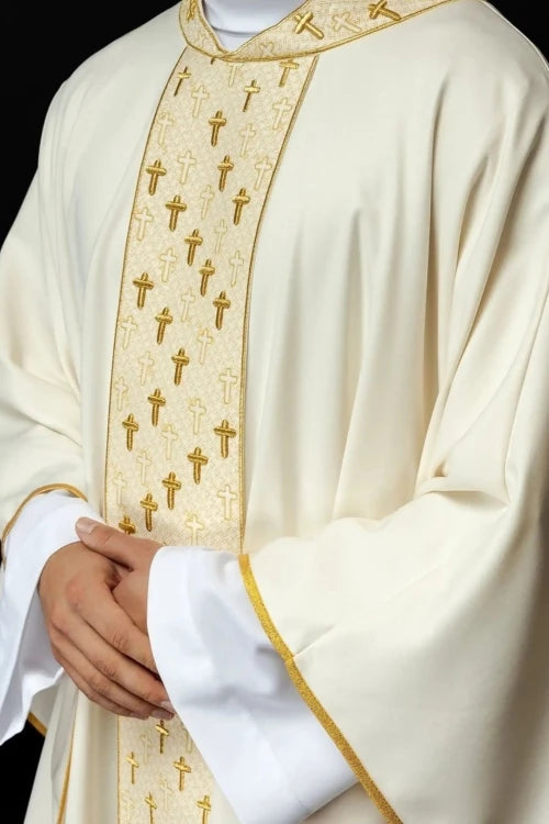 Ecru Chasuble with embroidered band with cross motifs — front view
