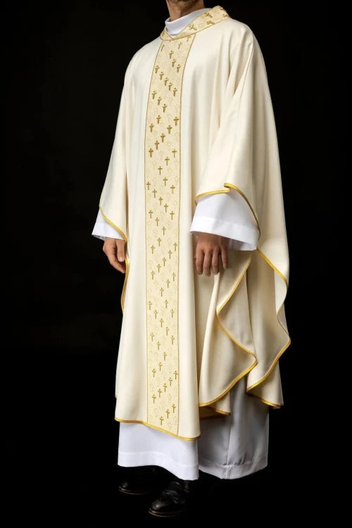 Ecru Chasuble with embroidered band with cross motifs — full view