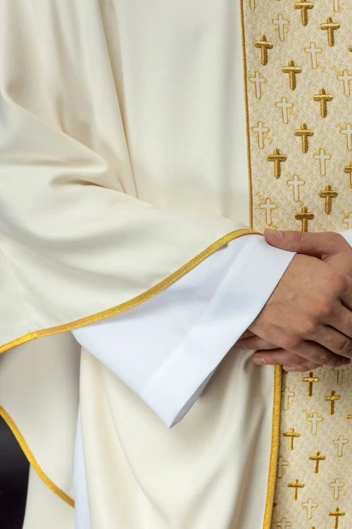 Ecru Chasuble with embroidered band with cross motifs — back view