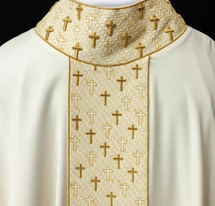 Ecru Chasuble with embroidered band with cross motifs — side view