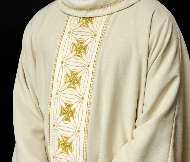 Ecru Chasuble with embroidered band with cross motifs – Variant II — front view