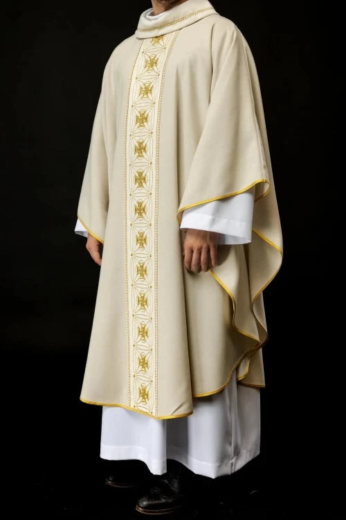 Ecru Chasuble with embroidered band with cross motifs – Variant II — full view