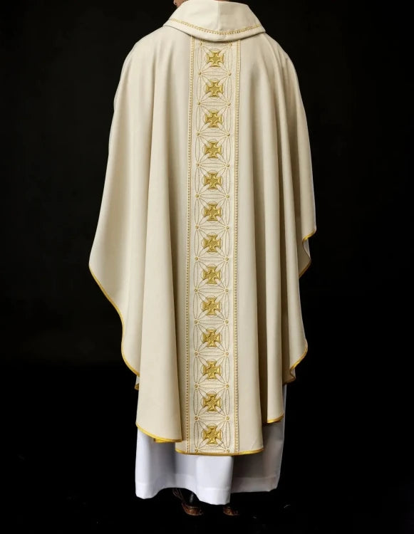 Ecru Chasuble with embroidered band with cross motifs – Variant II — collar detail