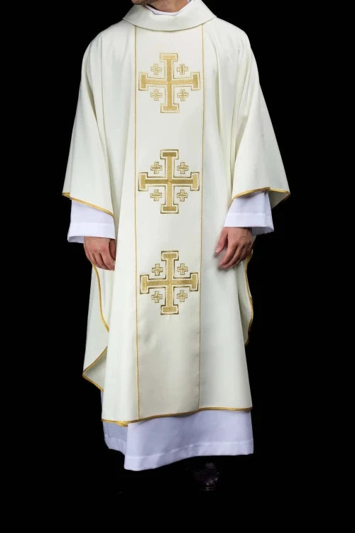 Ecru Chasuble with embroidered band with Jerusalem crosses — front view