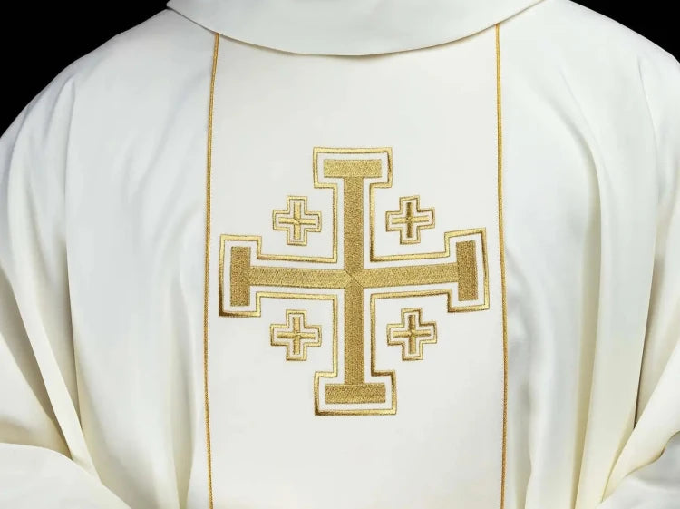 Ecru Chasuble with embroidered band with Jerusalem crosses — full view