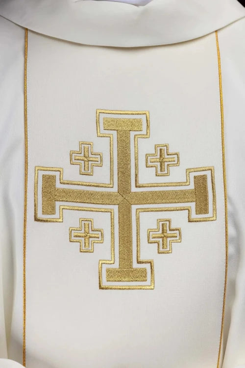 Ecru Chasuble with embroidered band with Jerusalem crosses — decoration detail